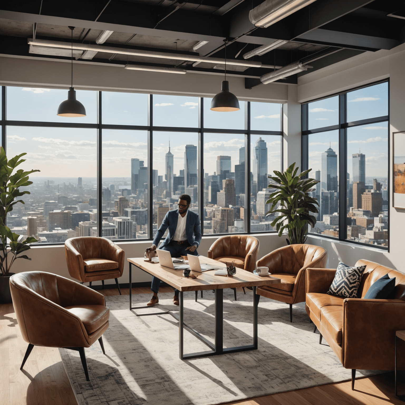 A diverse team of consultants collaborating in a modern office space, with South African-inspired decor and a view of a bustling city skyline