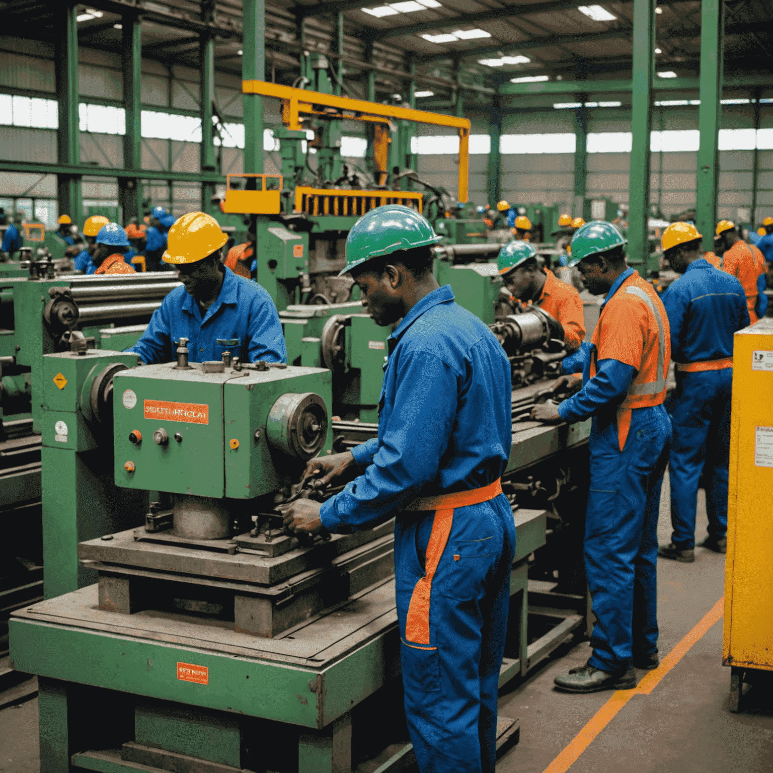 A South African manufacturing plant with workers operating machinery efficiently