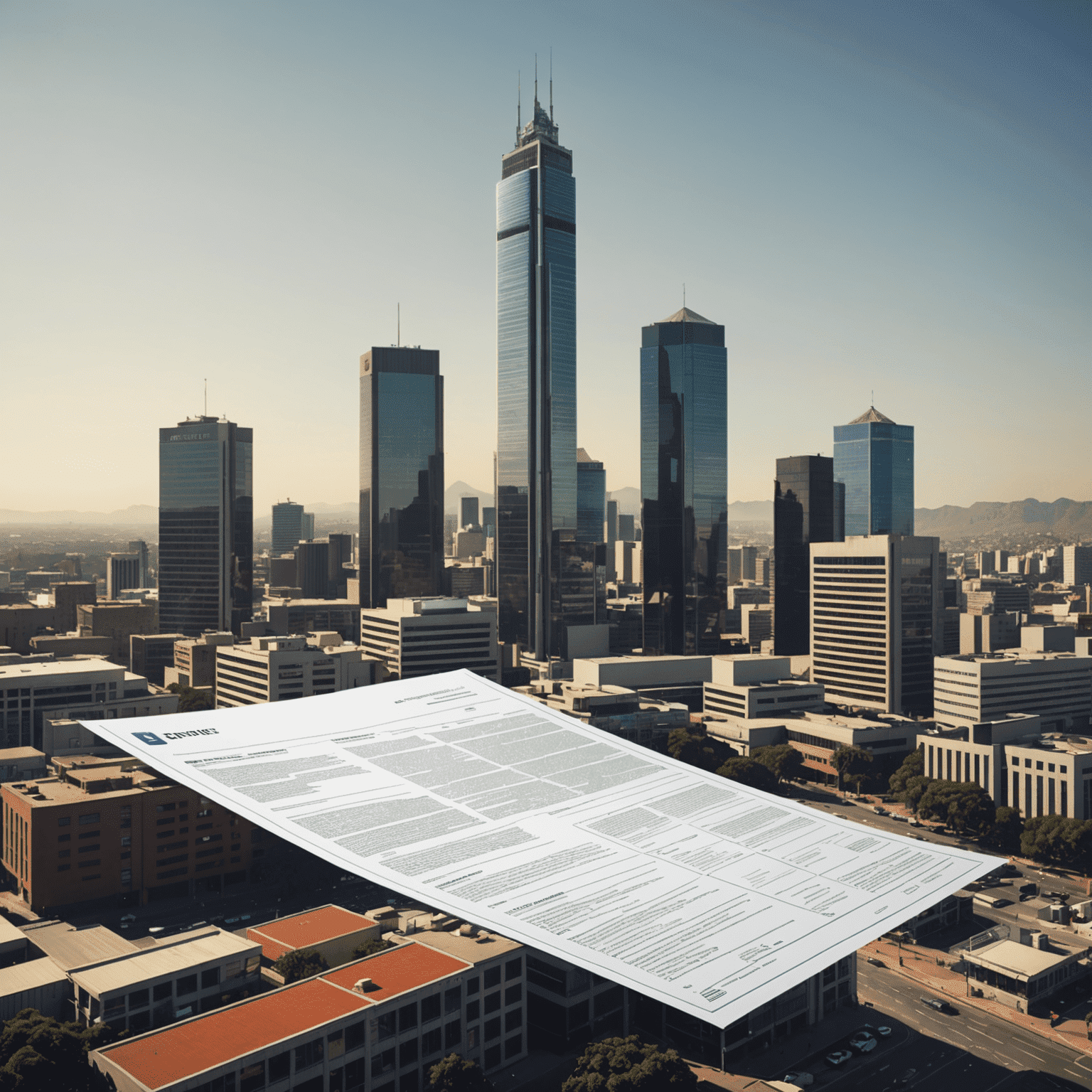 South African business district skyline with a large regulatory document overlay, symbolizing the impact of new regulations on businesses