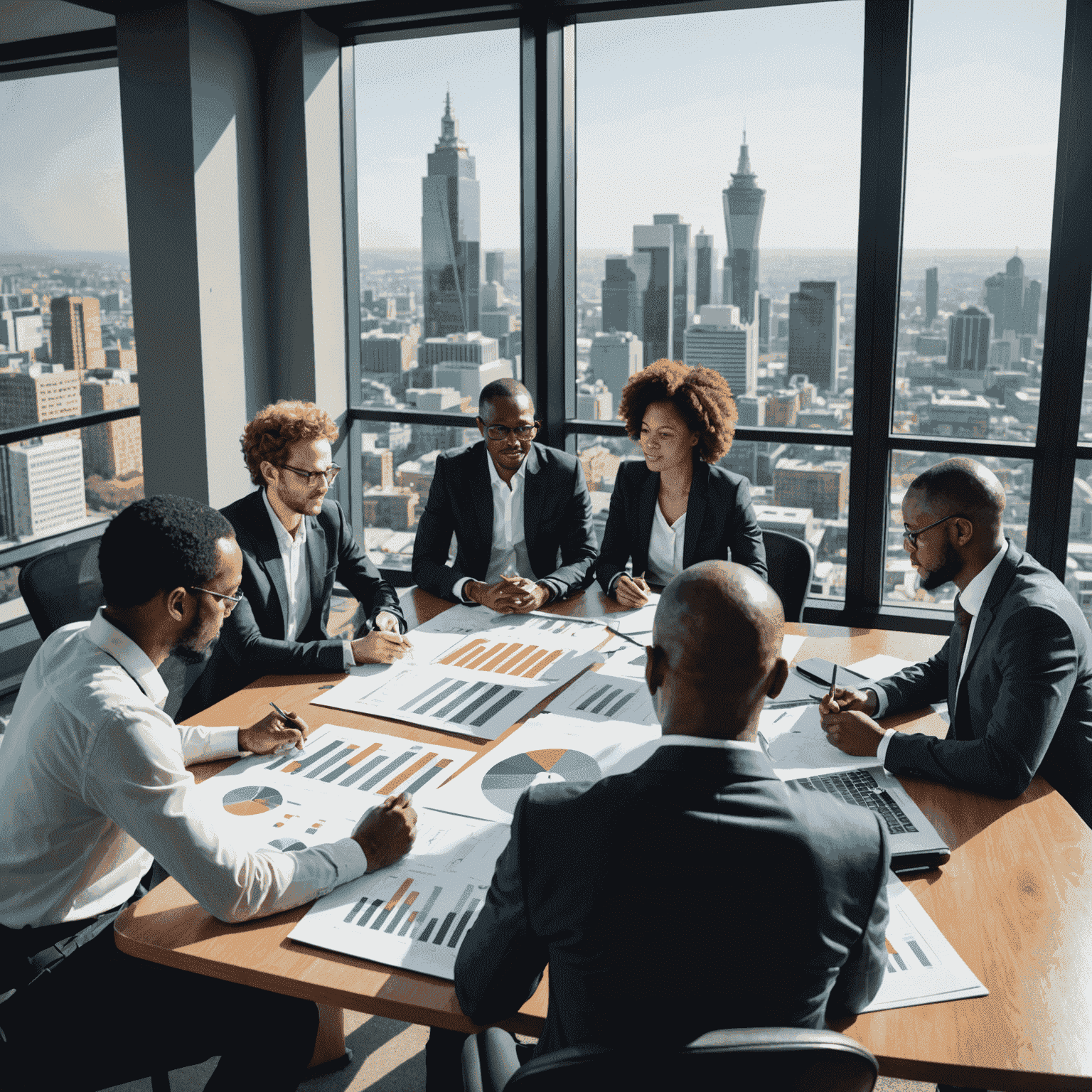 A diverse group of South African business professionals gathered around a large table, analyzing charts and graphs. They are engaged in a strategic planning session, with a backdrop of Johannesburg's skyline visible through large windows.