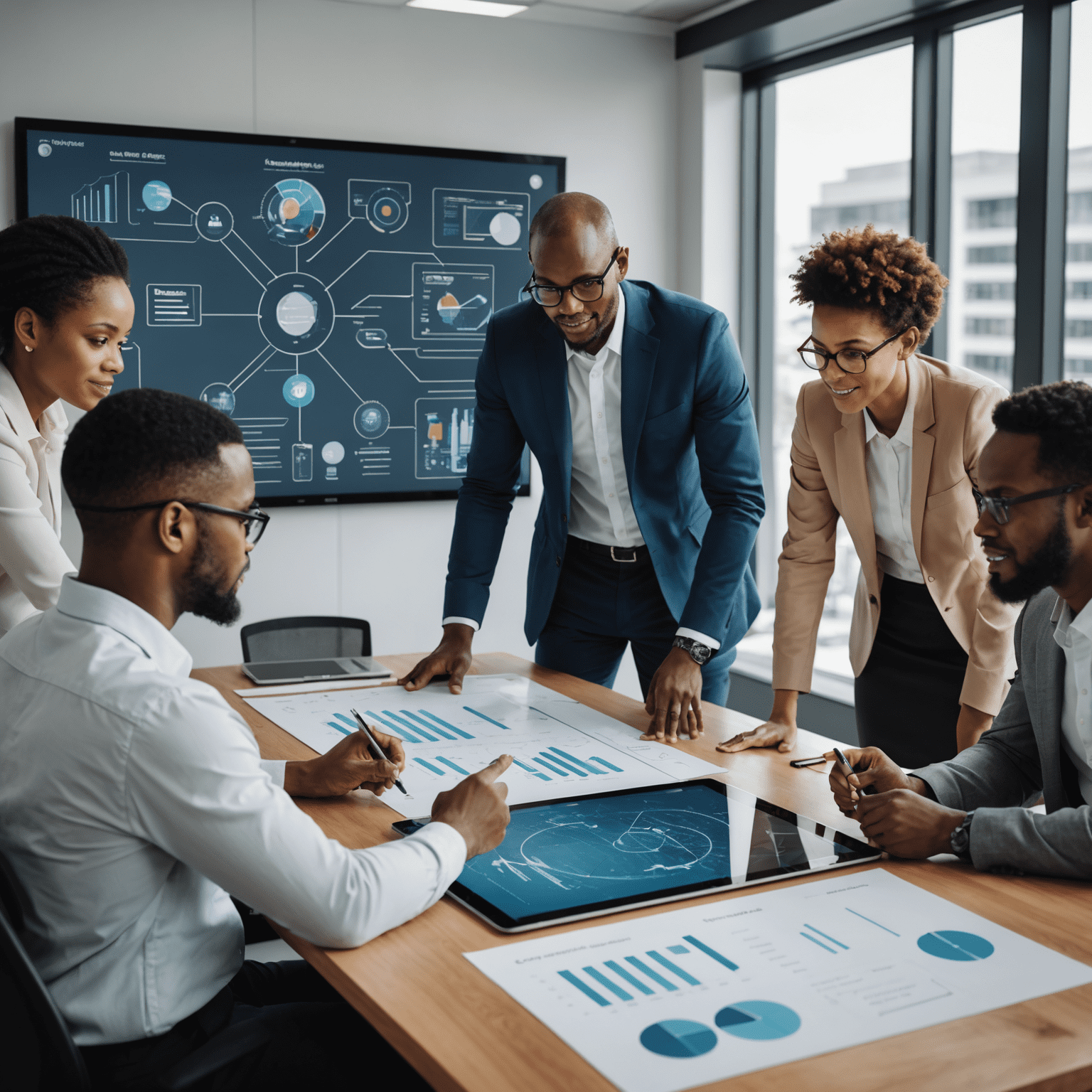 A team of diverse South African professionals gathered around a large touchscreen display, analyzing flowcharts and process diagrams. The image showcases collaboration and strategic planning in a modern office setting.