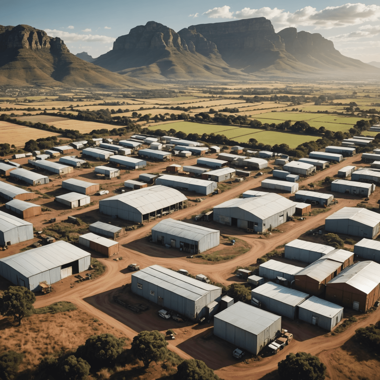 A complex network of interconnected supply chain elements, showcasing various stages from raw materials to end consumers, set against a backdrop of South African landscapes including both urban and rural scenes