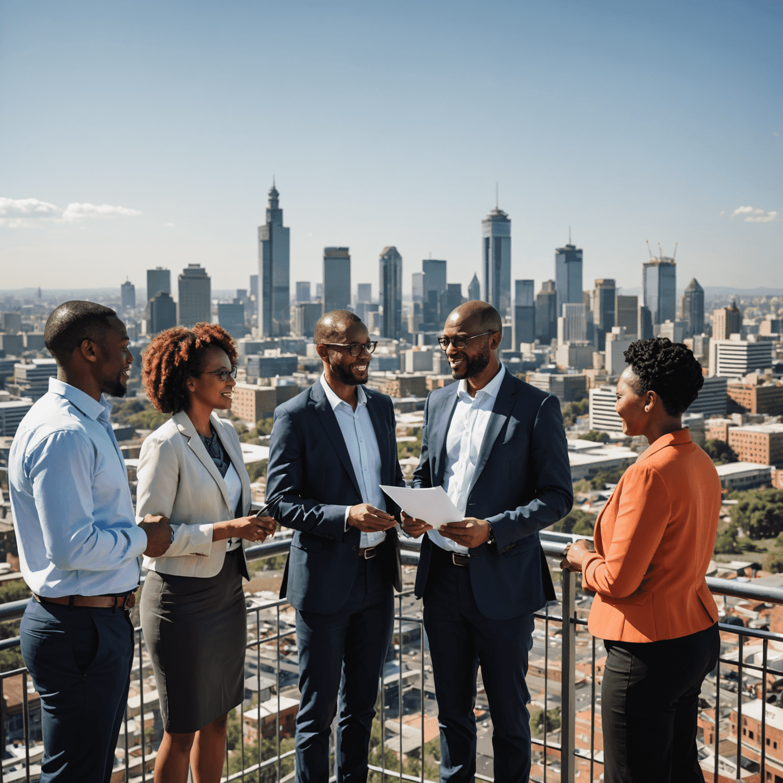 A diverse group of South African professionals collaborating on a change management strategy, with a backdrop of Johannesburg skyline