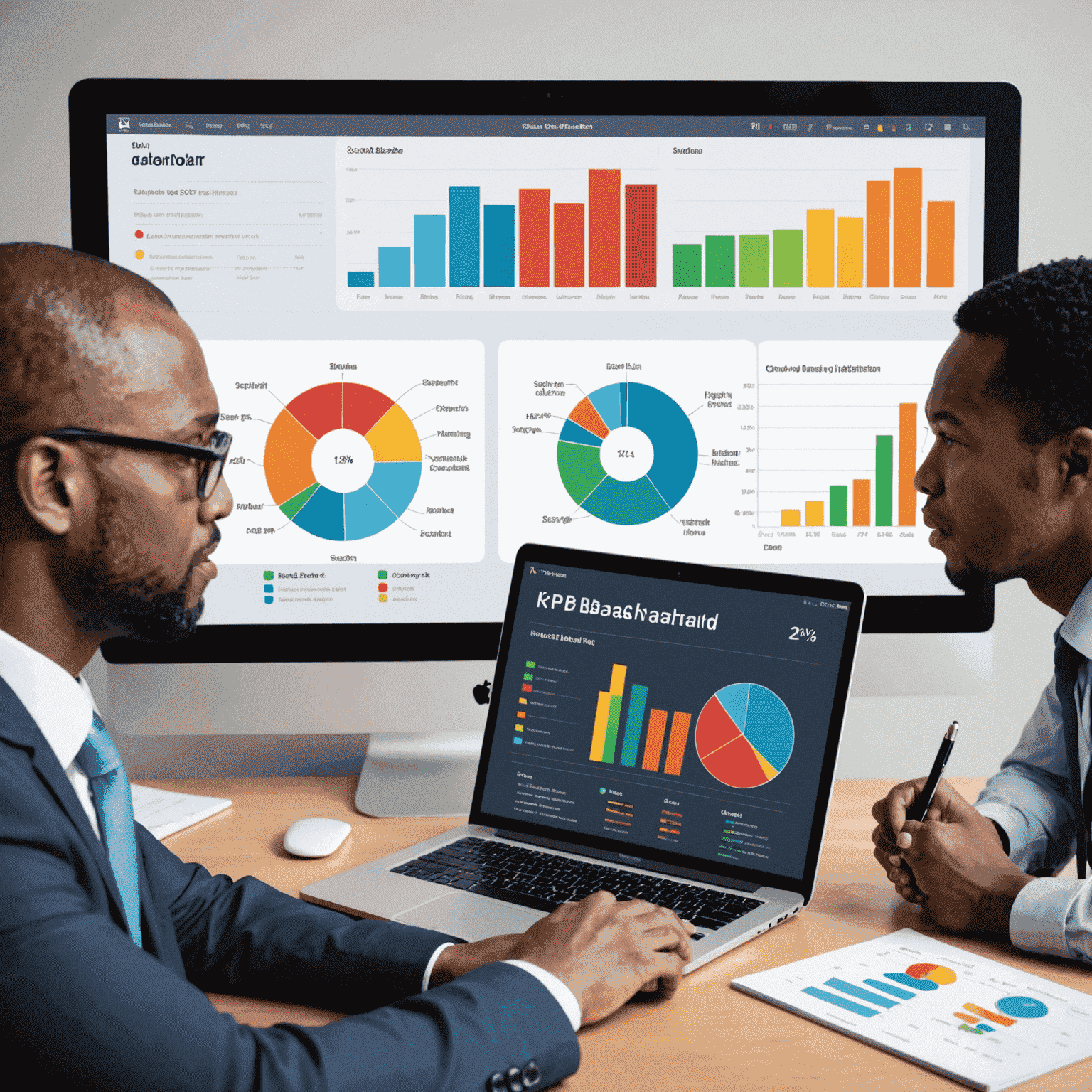 A professional consultant explaining KPI dashboard to a group of South African business executives. The dashboard displays various colorful charts and graphs representing different performance metrics.