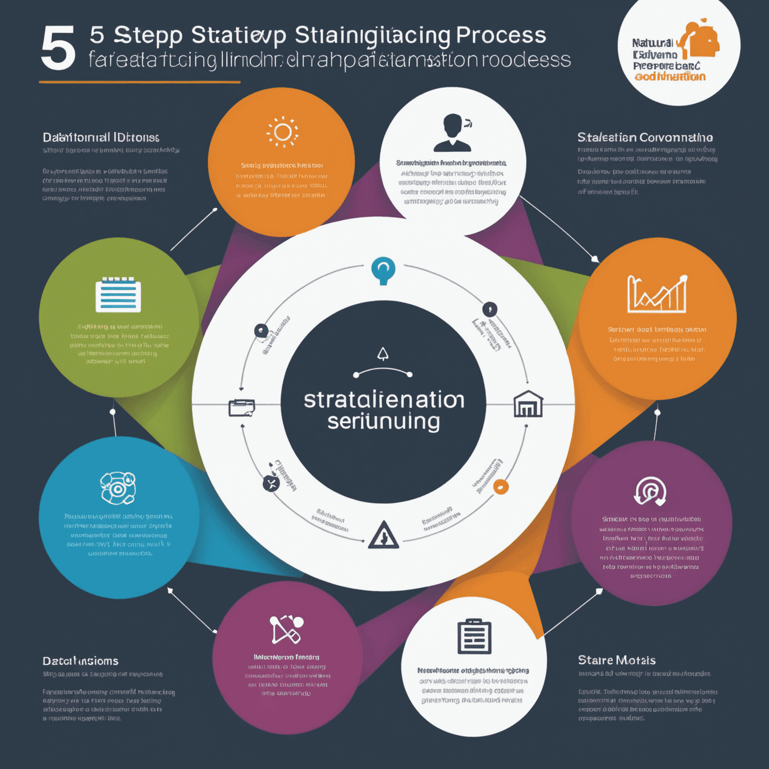 An infographic showing the 5-step strategic planning process: 1. Situation Analysis, 2. Goal Setting, 3. Strategy Formulation, 4. Implementation Planning, 5. Monitoring and Evaluation. Each step is represented by a unique icon and brief description.