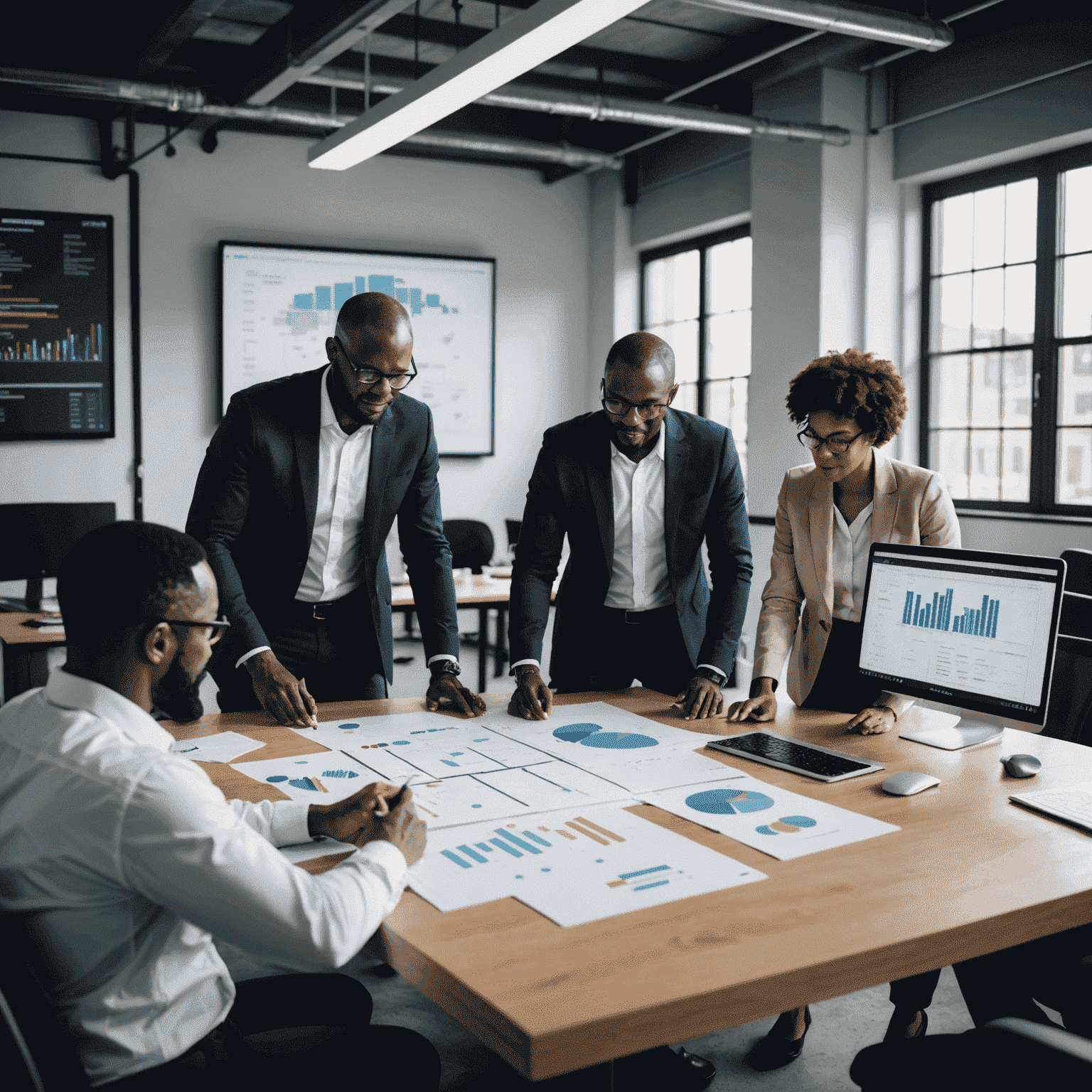 A diverse team of South African professionals collaborating on a supply chain optimization project, using advanced technology and data visualization tools