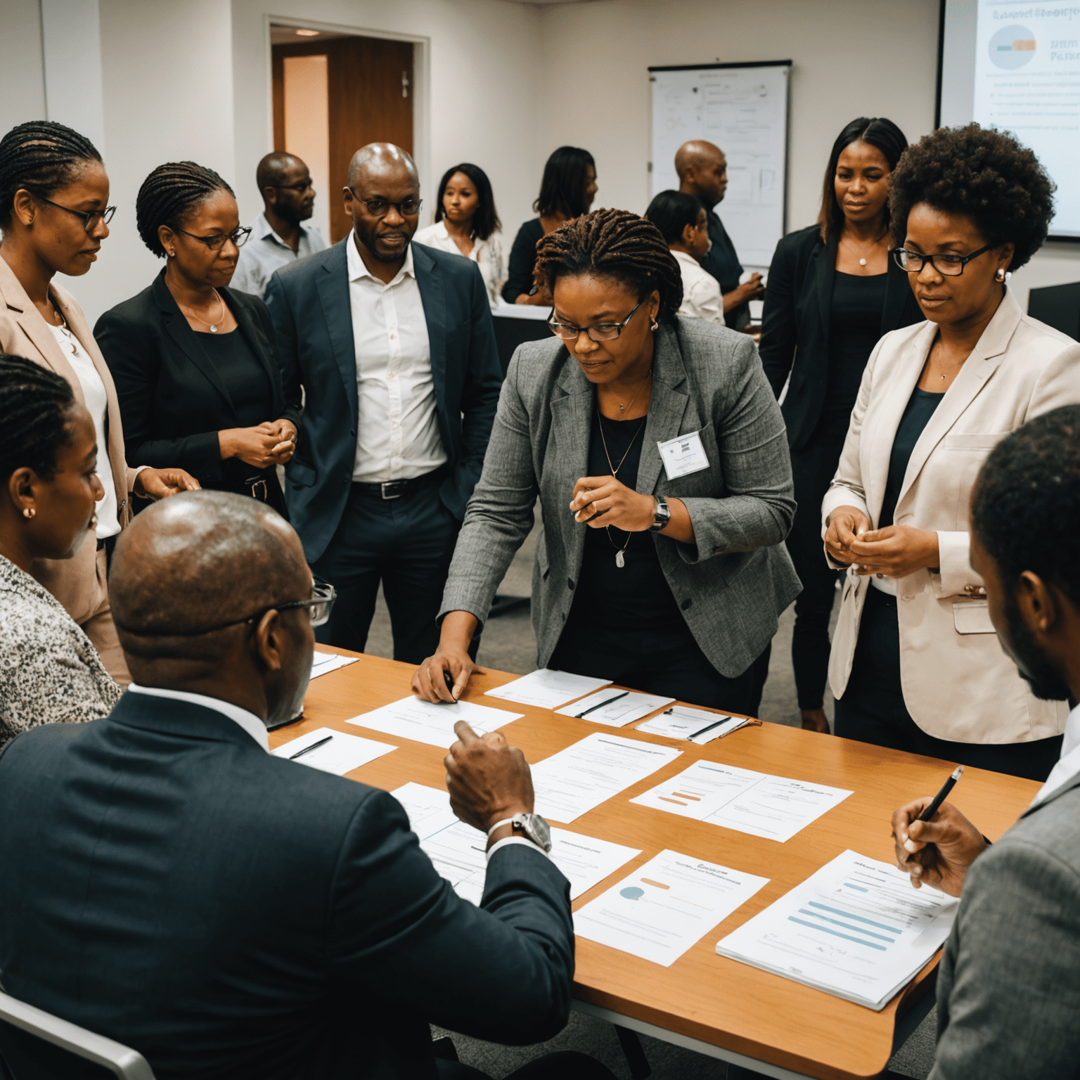 A workshop session on change management techniques, with diverse South African professionals engaged in interactive learning