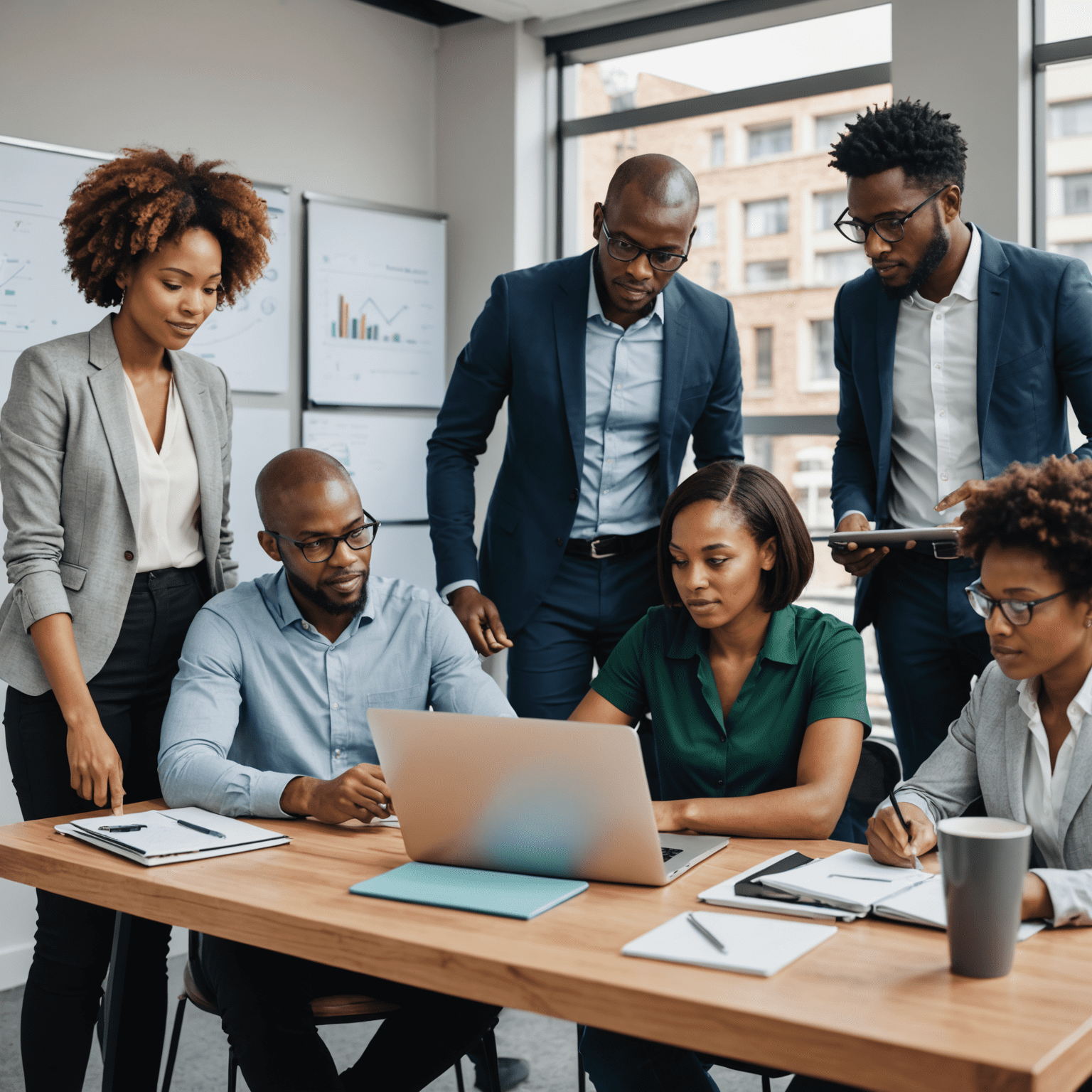 A diverse team of South African professionals engaged in a workshop, discussing performance metrics and analyzing data on laptops and tablets.